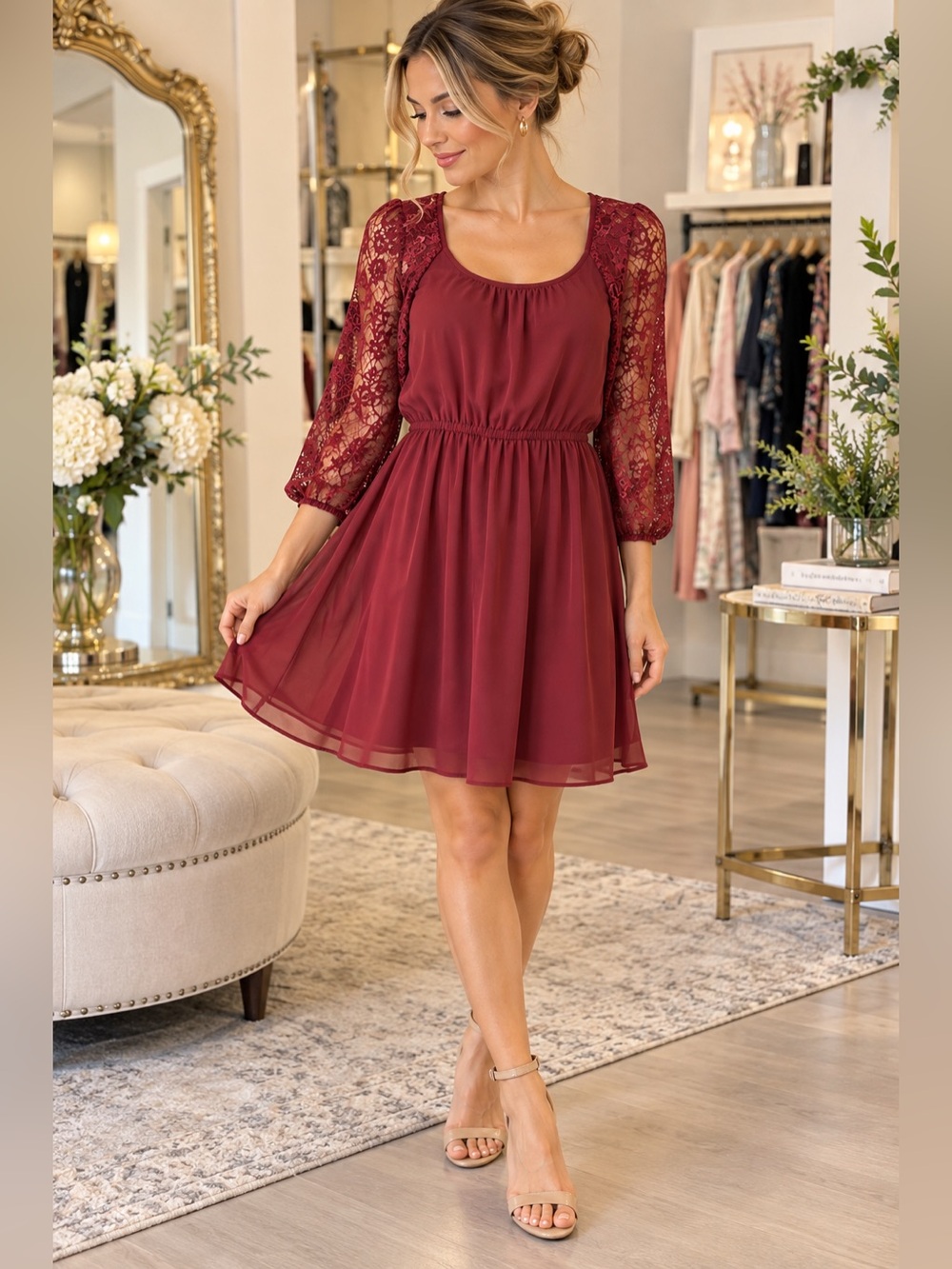 Sparkle & Fade Size Small Burgundy Lace Sleeve Fit & Flare Dress